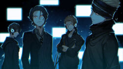  4boys android arm_at_side asymmetrical_jacket backlighting black_background black_hair black_headband black_hoodie black_jacket black_necktie black_shirt blonde_hair blue_background brown_eyes brown_hair collarbone collared_shirt commentary crew_neck crossed_arms curtained_hair downturned_eyes expressionless glowing glowing_eyes gradient_background grey_shirt headband high_collar hood hoodie horobi_(kamen_rider_01) humagear_headphones ikazuchi_(kamen_rider_01) jacket jin_(kamen_rider_01) kamen_rider kamen_rider_01_(series) kaworu_(kaw_lov) light_particles lineup long_sleeves looking_at_viewer male_focus multiple_boys naki_(kamen_rider_01) necktie pinstripe_jacket pinstripe_pattern profile screen shirt short_hair sideways_glance smile smirk suit_jacket upper_body wavy_hair 