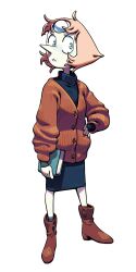  1girl alternate_costume ankle_boots book boots cardigan commentary discount-supervillain dress english_commentary forehead_jewel full_body highres holding holding_book pearl_(steven_universe) solo standing steven_universe 