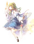  1girl blue_eyes blush cosoco detached_sleeves frog_hair_ornament gohei green_hair hair_ornament hair_tubes kochiya_sanae long_hair necktie ofuda skirt smile solo touhou 