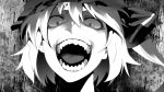  bad_id close-up constricted_pupils crazy crazy_eyes face fangs flandre_scarlet hat looking_down monochrome open_mouth rape_face rby shikihara_mitabi side_ponytail solo teeth the_embodiment_of_scarlet_devil touhou vampire 