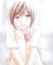  1girl aldnoah.zero amifumi_inko black_hair blush bow bowtie commentary_request grey_skirt happy hase_kurayu hugging_own_legs kneehighs red_bow red_bowtie school_uniform shirt short_hair skirt socks solo teeth upper_teeth_only violet_eyes white_shirt white_socks 