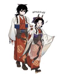  1boy 1girl :d alternate_costume animal_ear_hairband animal_ears belt black_hair blush_stickers bow bridal_gauntlets brown_belt brown_shoes closed_eyes commentary dntdjqhqtpgkgk fake_animal_ears full_body hair_bow hairband happy height_difference hetero highres holding holding_leash horse_ears japanese_clothes jitome kimetsu_no_yaiba kimono kochou_shinobu leash long_hair long_sleeves musical_note no_mouth no_sclera red_hairband shoes short_hair sidelocks simple_background smile tomioka_giyuu untranslatable_commentary walking white_background wide_sleeves 