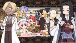  3girls 4boys :d animal_ears arm_belt axe belt black_belt black_choker black_coif black_hair black_horns blonde_hair blue_eyes cake cake_slice candy_apple card cardinal_(ragnarok_online) cat_ears cat_girl cat_tail chibi chibi_only chocolat_basinio choker closed_mouth coat copyright_name copyright_notice cup cupcake daifuku eating eisen_werner fake_wings food fur_coat glasses gold_trim golden_wings grey_hair hat highres holding holding_card holding_cup horns ichigo_daifuku indoors jacket lab_coat logo long_hair long_sleeves macaron mob_cap mochi mont_blanc_(food) multiple_boys multiple_girls official_art official_wallpaper open_clothes open_mouth open_shirt pants parfait pink_hair popcorn purple_hair ragnarok_online red_eyes red_hair secretary_tatio serving_cart shadow_cross_(ragnarok_online) short_hair smile spirit_handler_(ragnarok_online) split_mouth tail teacup tray triangle_mouth v-shaped_eyebrows violet_eyes wagashi white_belt white_coat white_jacket white_pants wings wolfchev yellow_eyes yuichirou 