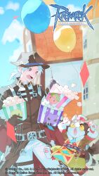  2boys animal_ears balloon belt beretta_de_camera blue_belt blue_sky brown_belt brown_coat brown_gloves brown_hat brown_shirt bucket building cape cat_boy cat_ears coat copyright_name copyright_notice cowboy_shot day deviling drops_(ragnarok_online) fedora food furry furry_male gloves green_pants hat highres holding holding_bucket house jejeling logo male_focus multiple_boys night_watch_(ragnarok_online) official_art official_wallpaper open_mouth outdoors pants ponytail popcorn popcorn_bucket ragnarok_online red_cape red_eyes shirt short_hair short_ponytail sky spirit_handler_(ragnarok_online) white_hair white_pants white_shirt yasubaru yellow_eyes 