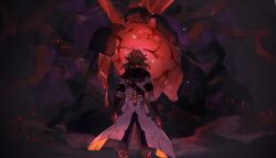  1boy absurdres albedo_(genshin_impact) armlet belt black_belt black_boots black_gloves black_hood black_pants boots braid brown_hair commentary_request elbow_gloves facing_away feet_out_of_frame floating_clothes four-pointed_star from_behind genshin_impact gloves gold_armlet half_up_braid highres hood hoodie jewelry low_ponytail male_focus pants ponytail short_hair short_ponytail short_sleeves solo standing star_(symbol) star_print white_hoodie zuu_(kyuudo9) 