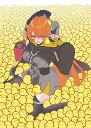 1girl chick duckling horns long_hair magus_(zenless_zone_zero) orphie_magnusson pointy_ears sitting solo surrounded zenless_zone_zero