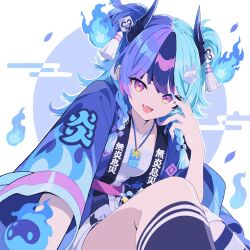  1girl achichi_mela aqua_hair black_horns blue_camisole blue_fire blue_hair blue_happi blue_horns blue_nails blue_socks braid camisole commentary_request egasumi fangs fingernails fire flame_print gradient_horns hair_ornament hairclip hand_up happi highres hitodama hololive horns japanese_clothes kneehighs long_fingernails long_sleeves looking_at_viewer low_twin_braids matoi mk8sb multicolored_hair multicolored_horns multicolored_nails omamori open_mouth outstretched_arm pink_eyes pink_sash purple_hair purple_nails sash smile socks solo twin_braids two_side_up virtual_youtuber white_background 