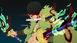 1boy absurdres aura bandana black_background black_bandana blood blood_on_face cape commentary dual_wielding fighting_stance fur_cape glowing glowing_eyes green_cape green_hair green_shirt highres holding holding_sword holding_weapon iamosix2 katana looking_at_viewer mouth_hold official_alternate_costume one_piece red_eyes roronoa_zoro shirt short_hair sword teeth_hold twitter_username upper_body weapon 