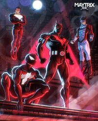  4boys abs batman_(series) batman_beyond belt black_hair building cape clark_kent crossed_arms crossover dc_comics flying full_body gloves glowing glowing_eyes goggles invincible_(series) mark_grayson marvel mask maytrixxdx moon multiple_boys muscular muscular_male night peter_parker rain red_theme spider-man spider-man_(series) squatting superman superman_(series) terry_mcginnis 