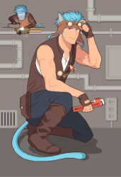  1boy adjusting_eyewear alternate_costume animal_ears blue_hair boots brown_boots cat_ears catnipsmoker_(hakino) closed_mouth commentary english_commentary fire_emblem fire_emblem:_path_of_radiance goggles goggles_on_head green_eyes hand_on_eyewear heterochromia highres holding holding_wrench looking_at_viewer male_focus multiple_views on_one_knee pipe_wrench ranulf_(fire_emblem) short_hair tail violet_eyes welding welding_mask wrench 