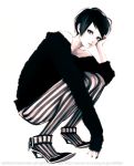  bare_shoulders black_eyes black_hair copyright_request eyeshadow high_heels jewelry lips makeup mole nail_polish off_shoulder pantyhose shoes short_hair sleeves_past_wrists solo squatting sweater takenaka vertical-striped_legwear vertical_stripes 