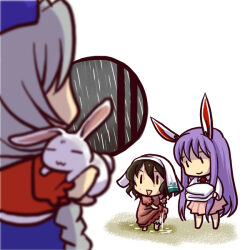  3girls animal_ears animal_on_shoulder black_hair braid chibi closed_mouth dress grey_hair holding holding_towel inaba_tewi long_hair long_sidelocks looking_at_another multiple_girls open_mouth pink_dress pink_skirt purple_hair rabbit rabbit_ears rabbit_girl rabbit_on_shoulder rain reisen_udongein_inaba shirt short_sleeves sidelocks skirt smile socha standing touhou towel towel_on_head triangle_mouth very_long_hair very_long_sidelocks wet white_rabbit_(animal) white_shirt wringing_clothes yagokoro_eirin |_| 