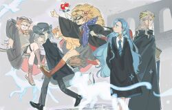  1boy 37_(reverse:1999) 5girls 6_(reverse:1999) alternate_costume animal_hat apple apple_(reverse:1999) baby_animal bird black_bow black_bowtie black_pants black_robe black_shoes blonde_hair blue_eyes blue_hair blue_neckerchief blue_necktie boater_hat boots bow bowtie broom broom_riding brown_boots brown_hat checkered_hairband chinese_commentary commentary_request crossed_legs dog eagle food fruit full_body gaojia_huishou_sanchaji glowing_animal goggles goggles_on_headwear gold_choker grey_background grey_eyes grey_hair grey_skirt grey_vest grin hair_bun hairband hat highres lilya_(reverse:1999) lion lion_cub lion_hat long_hair looking_to_the_side miniskirt multiple_girls neckerchief necktie open-toe_boots orange_hair pants polka_dot_neckerchief red_socks regulus_(reverse:1999) reverse:1999 robe shirt shoes short_hair sidesaddle single_side_bun skirt smile socks sonetto_(reverse:1999) standing thumbs_up traditional_bowtie vertin_(reverse:1999) very_long_hair vest walking white_shirt 