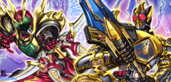  2boys animification beetle bug commentary_request compound_eyes highres holding holding_weapon k2_shokai kamen_rider kamen_rider_blade kamen_rider_blade_(king_form) kamen_rider_blade_(series) kamen_rider_chalice kamen_rider_wild_chalice multiple_boys rider_belt tokusatsu twitter_username weapon 