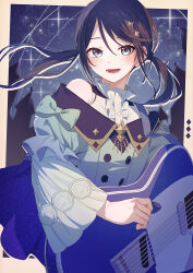  1girl :d absurdres aogu_yozora_ni_hoshi_wa_magirete_(project_sekai) bare_shoulders blue_cape blue_dress blue_eyes border brown_border buttons cape center_frills commentary double-breasted dress electric_guitar english_commentary fender_telecaster floating_hair frilled_shirt frilled_sleeves frills gold_trim gradient_clothes gradient_dress green_dress guitar highres hoshino_ichika_(project_sekai) instrument layered_sleeves light_blush long_hair long_sleeves low_twintails mozaik_role_(vocaloid) night off-shoulder_dress off_shoulder official_alternate_costume official_alternate_hairstyle open_mouth outside_border project_sekai puffy_short_sleeves puffy_sleeves shirt short_over_long_sleeves short_sleeves sky sleeveless sleeveless_shirt smile solo star_(sky) star_(symbol) starry_sky swept_bangs tamago_sando teeth tongue twintails two-tone_dress upper_body white_shirt 
