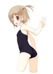  ;d ass blush brown_eyes brown_hair child cropped_legs fang happy leotard looking_back meito_(artist) meito_(maze) open_mouth original short_hair side_ponytail smile solo swimsuit v wink 