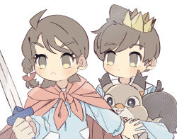  1boy 1girl :< ahoge alternate_costume blue_shirt blush braid brown_eyes brown_hair cape closed_mouth commentary_request crown florian_(pokemon) highres holding holding_sword holding_weapon juliana_(pokemon) korean_commentary long_sleeves mini_crown no_pupils pokemon pokemon_(creature) pokemon_scarlet_and_violet revue_(rever_res) shirt simple_background skwovet sword weapon white_background 