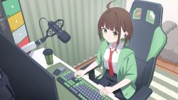  1girl ahoge at_computer bed bedroom black_skirt brown_hair chair collared_shirt colored_inner_hair commentary_request computer computer_keyboard computer_mouse curtains desk earphones earphones gaming_chair green_eyes green_hair hair_behind_ear highres indoors jacket microphone microphone_stand mikan_battery monitor multicolored_hair multiple_monitors necktie on_chair original pillow pleated_skirt red_necktie shirt shirt_tucked_in short_hair short_sleeves skirt solo swivel_chair white_shirt 