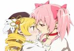  beret blonde_hair blush bow bust chin_grab choker drill_hair eye_contact face feathers gem gloves hair_bow hair_ornament hairclip hand_on_chin happy_tears hat incipient_kiss kaname_madoka looking_at_another magical_girl mahou_shoujo_madoka_magica multiple_girls official_style pink_eyes pink_hair profile puffy_sleeves red_eyes short_hair simple_background smile tears tomoe_mami tori_(ritcrover) twin_drills twintails yellow_eyes yuri 