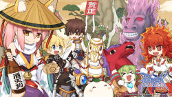  >_< 2girls 3boys abysmal_knight alcohol animal_ears armor bell black_gloves blonde_hair blue_eyes bottle breasts brown_coat brown_eyes brown_hair cape chibi chibi_only closed_mouth cloud_print coat copyright_name crouched_horse detached_sleeves ears_through_headwear fang fiery_hair fishnet_top fishnets food fox_ears fox_girl gauntlets giant_octopus_(ragnarok_online) gloves green_hair hat highres horse horse_mask horseback_riding ilgwang jingle_bell logo long_hair long_sleeves looking_at_another looking_at_viewer mask masu medium_breasts mochi multiple_boys multiple_girls night_watch_(ragnarok_online) nightmare_(ragnarok_online) ninja octopus official_art official_wallpaper open_mouth pantyhose pauldrons pink_hair polearm poring print_shirt purple_pantyhose ragnarok_online red_skirt rice_hat riding sake sake_bottle shiranui_(ragnarok_online) shirt short_hair shoulder_armor skirt sleeveless_tunic smile spear spirit_handler_(ragnarok_online) star_emperor_(ragnarok_online) tree tunic weapon white_cape white_shirt white_sleeves white_tunic yellow_eyes yuichirou 