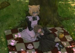  2girls ahoge animal_ears apron black_dress black_shoes blonde_hair blue_eyes brown_hair cat_ears cat_girl commentary cookie cookie_jar cup dappled_sunlight dress english_commentary evil_neuro-sama food from_above full_body grass hair_between_eyes holding holding_cookie holding_food indie_virtual_youtuber lap_pillow long_dress long_hair long_sleeves lying minikomew multiple_girls on_side outdoors picnic picnic_blanket plate puffy_long_sleeves puffy_sleeves red_eyes round_eyewear seiza shoes short_hair sitting socks sunlight swing teapot tree vedal_ai virtual_youtuber wairon wariza white_apron white_socks 