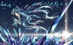  1girl aqua_eyes aqua_hair bare_back bare_shoulders crystal hatsune_miku hatsune_miku_(append) headphones highres leg_lift long_hair miku_append profile sitting thigh-highs thighhighs tidsean twintails very_long_hair vocaloid vocaloid_append 