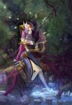  blood blue_eyes breasts butterfly cleavage copyright_request dress feet_in_water gloves harp hector_enrique_sevilla_lujan highres instrument leaf long_hair looking_at_viewer monster purple_hair sitting soaking_feet solo sword tattoo tree very_long_hair water weapon 