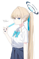  1girl blonde_hair blue_archive blue_bow blue_bowtie blue_eyes blue_halo blue_streaks bow bowtie braid cardigan collared_shirt commentary_request grey_nails hair_ribbon half_up_braid halo high_ponytail highres long_hair looking_at_viewer mikan_battery multicolored_hair official_alternate_costume ponytail ribbon school_uniform shirt short_sleeves simple_background skirt solo streaked_hair toki_(blue_archive) toki_(school_uniform)_(blue_archive) translation_request upper_body white_background white_shirt 