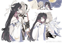  2girls black_hair blue_eyes bonnet brown_hair closed_eyes closed_mouth columbina_(genshin_impact) commentary_request detached_sleeves dress genshin_impact gloves head_wings highres hug kiss long_hair moon multicolored_hair multiple_girls night outdoors purple_streaks qinling452842 sandrone_(genshin_impact) singing streaked_hair tent watermark weibo_watermark white_bonnet white_dress white_gloves wings yuri 