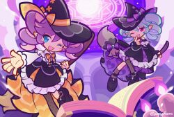  2girls :d ;d alternate_costume asymmetrical_legwear black_cape black_shirt black_shoes black_skirt black_socks black_thighhighs blue_eyes blue_hair book bow bowtie broom broom_riding candle cape commentary_request drill_hair earrings fire frilled_skirt frills hat hat_bow heart heart_print jewelry lisa_(puyopuyo) magic_circle medium_hair misa_(puyopuyo) multiple_girls night official_style one_eye_closed open_book open_hand open_mouth orange_bow orange_bowtie orange_cape orange_hat outstretched_arm pimyuhuwa pointy_ears print_cape print_headwear purple_background purple_bow purple_bowtie purple_cape purple_fire purple_hair purple_hat puyopuyo puyopuyo_quest red_eyes shirt shoes skirt smile socks standing standing_on_one_leg star_(symbol) star_in_eye symbol_in_eye thigh-highs twin_drills twintails twitter_username two-sided_fabric two-sided_headwear uneven_legwear waist_cape white_shirt witch_hat 