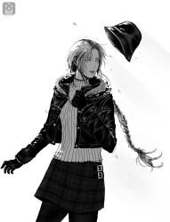  1girl blown_away bowl bowl_hat commentary ellen_(folkssoul) eyelashes folkssoul fur-trimmed_jacket fur_trim gloves hat highres jacket jewelry looking_to_the_side medium_hair monochrome necklace plaid_clothes plaid_skirt ruzurifu simple_background skirt sweater white_background wind 