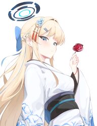  1girl absurdres alternate_costume blonde_hair blue_archive blue_bow blue_eyes blue_streaks blush bow braid breasts candy_apple closed_mouth commentary_request food hair_bow hair_down hair_ornament half_up_braid halo highres holding holding_candy_apple holding_food japanese_clothes kimono korean_commentary long_hair long_sleeves looking_at_viewer medium_breasts multicolored_hair obi sash simple_background solo streaked_hair toki_(blue_archive) white_background white_kimono wide_sleeves yang_o0o 