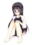  barefoot black_hair embarrassed feet glasses hairband long_hair meito_(artist) meito_(maze) original purple_eyes sitting solo swimsuit towel violet_eyes 