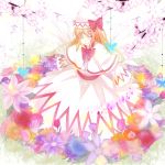  bad_id baniradayann blonde_hair blue_rose blush bow branch capelet cherry_blossoms closed_eyes dress eyes_closed flower hat hat_ribbon highres lily_white long_hair orange_rose red_rose ribbon rose sash sleeves_past_wrists smile solo touhou wings 