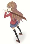  bad_id bokken brown_eyes brown_hair from_above from_behind highres long_hair looking_back ojaga school_uniform simple_background sword thigh-highs thighhighs toradora! weapon white white_background wooden_sword 