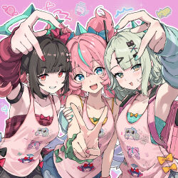  3girls :d angels_of_delusion angels_of_delusion_kfc_bag aqua_streaks aria_(human)_(cuteness_loading)_(zenless_zone_zero) aria_(human)_(zenless_zone_zero) aria_(robot)_(zenless_zone_zero) aria_(zenless_zone_zero) arm_warmers armband bag bare_shoulders black_choker black_hair blue_eyes bow camisole character_print choker collarbone commentary_request green_arm_warmers green_camisole green_eyes green_hair green_nails grin hair_intakes hair_ornament hairclip heart heart_hands heart_hands_duo heart_hands_trio highres looking_at_viewer multicolored_hair multiple_girls multiple_hairclips nangong_yu nangong_yu_(heartfelt_support) official_alternate_costume open_mouth pink_background pink_bag pink_hair pink_nails pink_shirt quad_tails red_arm_warmers red_eyes red_nails scrunchie self_character_print shirt short_twintails shorts simple_background smile streaked_hair striped_arm_warmers sunna_(delusions_in_business)_(zenless_zone_zero) sunna_(zenless_zone_zero) sweatdrop too_many_bows twintails v white_wings wings wrist_scrunchie yucblossom zenless_zone_zero 