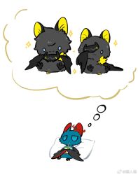  1girl 2boys animalization arknights arknights:_endfield bat_(animal) blue_eyes camille_(arknights) chibi drink_carton drinking endministrator_(arknights) female_endministrator_(arknights) halo highres hua_ren_nan juice juice_box male_endministrator_(arknights) mask multiple_boys thinking white_background 