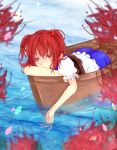  bad_id baniradayann blurry boat colored_eyelashes depth_of_field eyelashes face flower hair_bobbles hair_ornament hands onozuka_komachi petals red_eyes red_hair redhead resizing_artifacts short_hair smile solo spider_lily touhou twintails water 