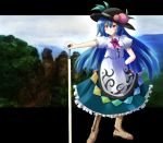 blue_hair boots cross-laced_footwear hands_on_hilt hat hinanawi_tenshi lace-up_boots long_hair long_skirt red_eyes skirt solo standing sword sword_of_hisou touhou weapon