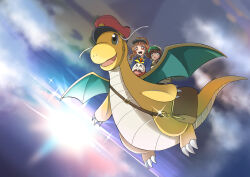 1boy 1girl absurdres bag blue_shirt braid brown_bag brown_eyes brown_hair claws clothed_pokemon clouds cloudy_sky collared_shirt commentary_request dark-skinned_male dark_skin dragon dragon_wings dragonite flying fuecoco goggles goggles_on_headwear hana_(pokemon) hat highres long_hair mailbag necktie nostrils open_mouth pokemon pokemon_(anime) pokemon_(creature) red_eyes red_hat red_necktie riding riding_pokemon rio_(pokemon) shirt short_hair sky smile sparkle tatsuki_020104 teeth twin_braids twintails upper_teeth_only wings 