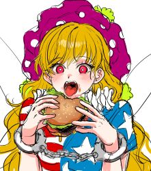  1girl absurdres american_flag american_flag_print american_flag_shirt blonde_hair bright_pupils burger clownpiece commentary_request cuffs eating fairy_wings flag_print food food_on_face handcuffs hat highres jester_cap korean_commentary kuya_(hey36253625) long_hair neck_ruff polka_dot_headwear print_shirt red_eyes shirt solo star_(symbol) star_print touhou upper_body white_background white_pupils wings 