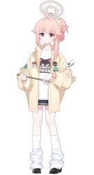  ahoge animal_print artist_request black_shoes black_skirt blue_archive breasts cat_print coat drumsticks full_body game_asset hair_between_eyes hair_bun halo highres holding holding_drumsticks light_blush long_sleeves looking_at_viewer loose_socks natsu_(band)_(blue_archive) natsu_(blue_archive) parted_lips pink_hair pink_halo ponytail red_eyes shirt shoes skirt small_breasts socks standing star_(symbol) transparent_background white_shirt white_socks yellow_coat 
