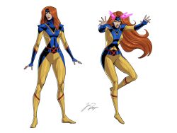  1girl arm_guards arms_at_sides artist_name belt blue_bodysuit bodysuit breasts closed_mouth commentary english_commentary expressionless floating full_body green_eyes hands_up highres invisible_floor jean_grey jordan_rodriguez legs_apart long_hair marvel medium_breasts multicolored_bodysuit multiple_views narrow_waist open_hands orange_hair parted_lips serious signature simple_background sleeves_past_wrists slim_legs standing superhero_costume teeth telekinesis western_comics_(style) white_background x-men x_(symbol) yellow_bodysuit yellow_sleeves 