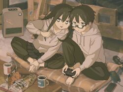  1boy 1girl bed bedroom black_eyes black_hair black_pants black_skirt brother_and_sister bunk_bed butterfly_sitting cellphone chips_(food) coffee_mug controller cup cushion food game_controller glasses highres holding holding_controller holding_game_controller hood hood_down hoodie humidifier indoors long_sleeves looking_at_screen mug nerio_(neri_akira) on_cushion open_mouth original pants phone power_strip rectangular_eyewear rug semi-rimless_eyewear siblings sitting skirt smartphone sticker table v-shaped_eyebrows white_hoodie 