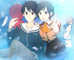  1boy 2girls aki_(neyuki41028) aldnoah.zero alternate_costume amifumi_inko black_hair black_skirt blush commentary_request cosplay cropped_jacket darzana_magbaradge dress embarrassed hair_ornament hairclip hand_on_another's_shoulder happy hetero hiradaira_chisaki hiradaira_chisaki_(cosplay) kaizuka_inaho looking_at_viewer mihama_junior_high_school_uniform multiple_girls nagi_no_asukara nami_junior_high_school_uniform octopus parted_bangs pleated_skirt red_eyes sailor_collar sailor_dress sakishima_hikari sakishima_hikari_(cosplay) school_uniform shiodome_miuna shiodome_miuna_(cosplay) short_hair skirt skirt_tug twitter_username v violet_eyes voice_actor_connection 