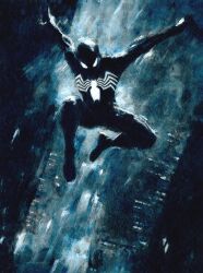  1boy animal_print black_bodysuit black_mask black_theme bodysuit building city_lights cityscape dynamic_pose english_commentary full_body highres jumping male_focus marvel mask night skyscraper solo spider-man spider-man_(original_black_suit) spider-man_(series) spider_print superhero_costume symbiote third-party_source viktor_farro western_comics_(style) 