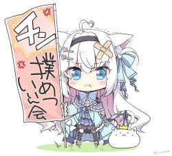 1girl ahoge animal_ears black_hairband black_thighhighs blue_bow blue_coat blue_eyes blue_ribbon blue_skirt blush bow breasts cat_ears cat_tail closed_mouth coat commentary_request cross_hair_ornament flag frilled_hairband frilled_sleeves frilled_thigh_strap frills hair_bow hair_ornament hairband heart heart_ahoge heart_hair_ornament heart_in_eye heart_print highres holding holding_flag indie_virtual_youtuber kazari_lua long_hair long_sleeves looking_at_viewer maid multicolored_hair pink_hair pirason ribbon skirt small_breasts solo standing symbol_in_eye tail tears thigh-highs thigh_strap two-tone_hair very_long_hair virtual_youtuber white_background white_bow white_hair white_tail 