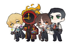  1other 3boys black_choker black_pants black_shoes black_vest chibi choker clock closed_mouth collared_shirt commentary_request dante_(limbus_company) expressionless fire full_body green_eyes gregor_(project_moon) hair_slicked_back hexxx016 itabag limbus_company long_sleeves meursault_(project_moon) multiple_boys object_head oshikatsu pants project_moon shirt shoes simple_background sinclair_(project_moon) vest white_background white_shirt 