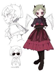  1girl black_boots black_capelet black_gloves boots boro_(tn-boro) capelet closed_mouth commentary_request flag frilled_skirt frills gloves grey_hair highres horns lolita_fashion long_skirt mahou_shoujo_ikusei_keikaku mahou_shoujo_ikusei_keikaku_limited maou_pam red_eyes red_skirt skirt smile sunglasses 