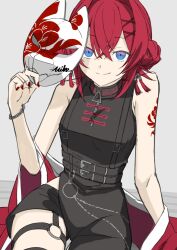  1girl ange_katrina ange_katrina_(qipao) arm_support arm_tattoo artist_name bare_arms bare_shoulders belt black_belt black_dress black_shorts blue_eyes breasts chain chain_bracelet chinese_clothes closed_mouth commentary_request cowboy_shot crossed_bangs diamond-shaped_pupils diamond_(shape) double_bun dress gradient_eyes grey_background hair_between_eyes hair_bun hair_ornament hand_up highres holding holding_mask jacket jacket_partially_removed looking_at_viewer mask mikera_05_27 multicolored_eyes multiple_belts nail_polish nijisanji o-ring o-ring_thigh_strap qipao red_hair red_jacket red_mask red_nails shorts side_slit simple_background sitting sketch sleeveless sleeveless_dress small_breasts smile solo split_mouth symbol-shaped_pupils tassel tassel_hair_ornament tattoo thigh_strap unworn_mask violet_eyes virtual_youtuber white_mask x_hair_ornament 